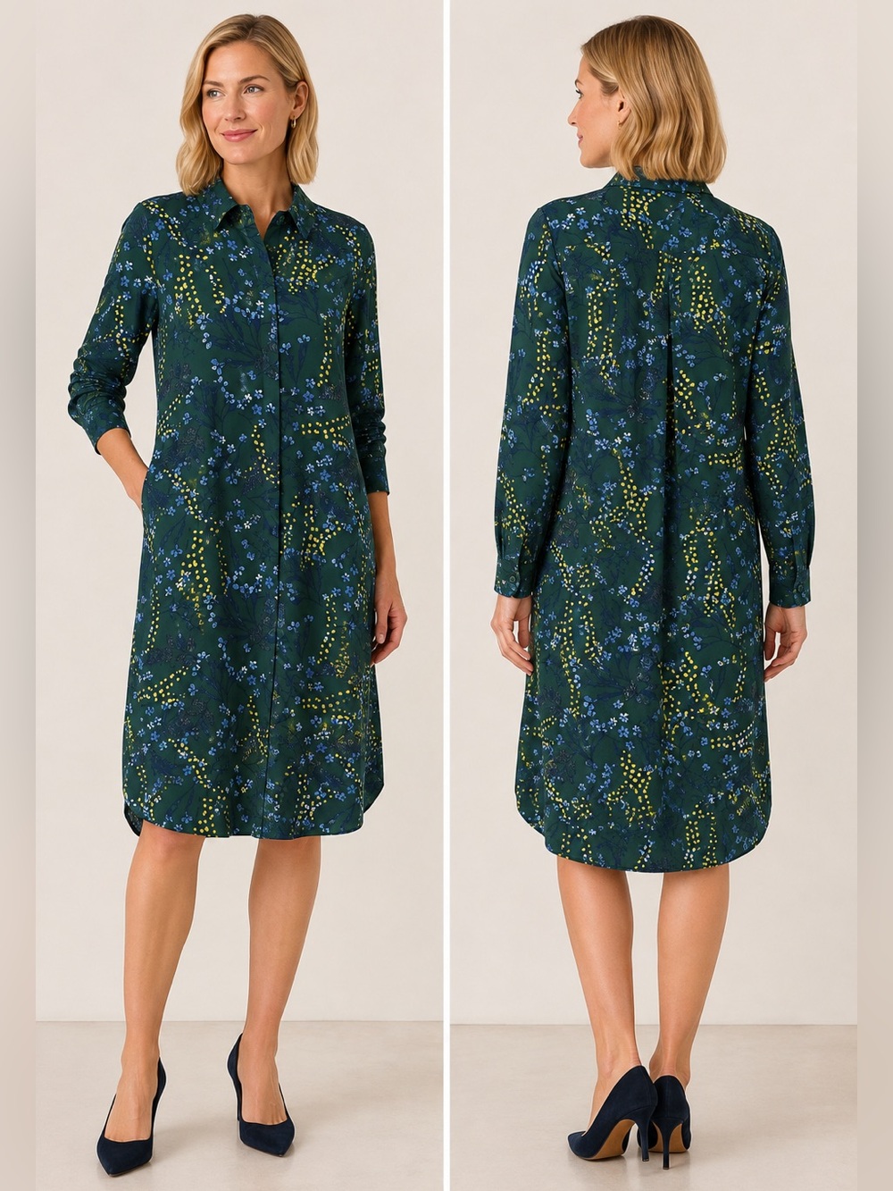 Hobbs London Eager Floral Shirt Dress Green Blue Yellow US 14 UK 18